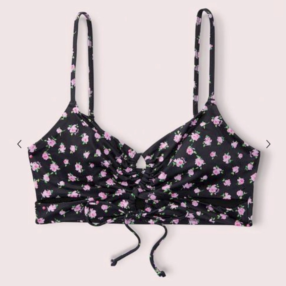 Victoria’s Secret PINK Pure Black Floral Cut Out Cutout Keyhole Wrap Bikini Top
